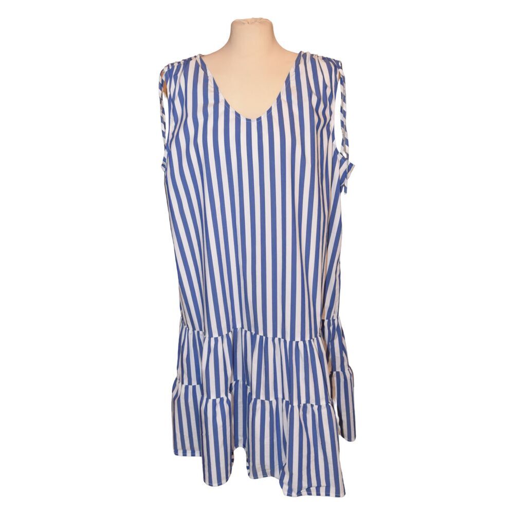 Liz Claiborne Sleeveless V Neck Summer Flare Hem Dress Sz 18 Nautical Stripes
